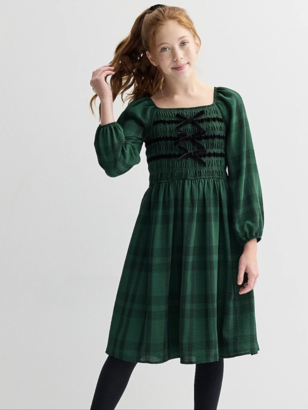Trixxi Girl Green Black Plaid Smocked Bow Midi Dress NWT Girls XL
